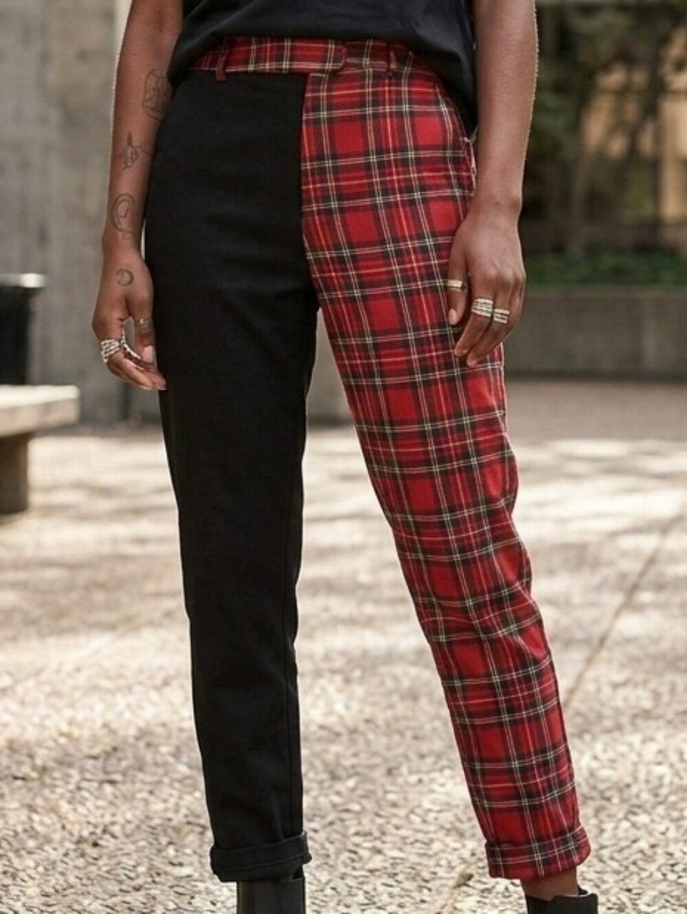 [[Hot Topic]]  Red Plaid and Black Two-Tone Pants
